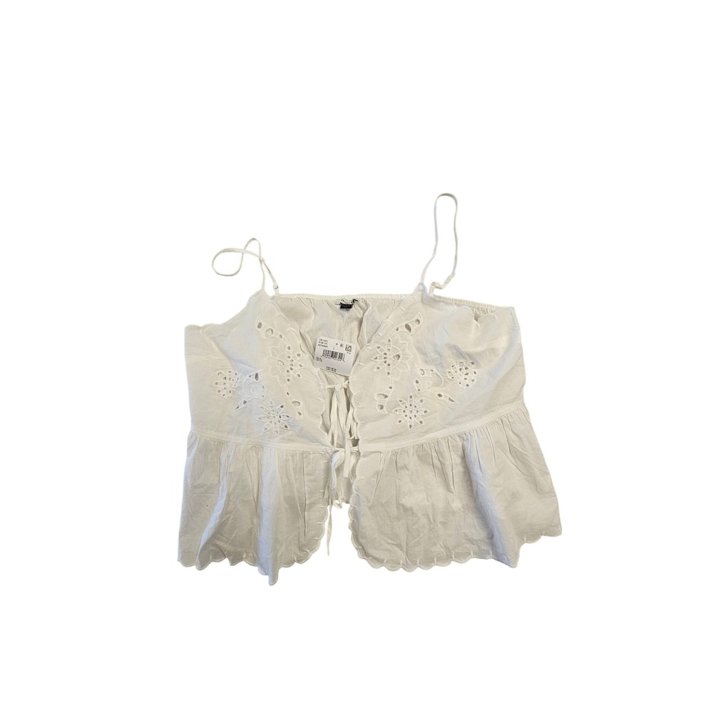 American Eagle White Eyelet Cami Top XL Floral Scalloped Hem Tie Front Whimsical